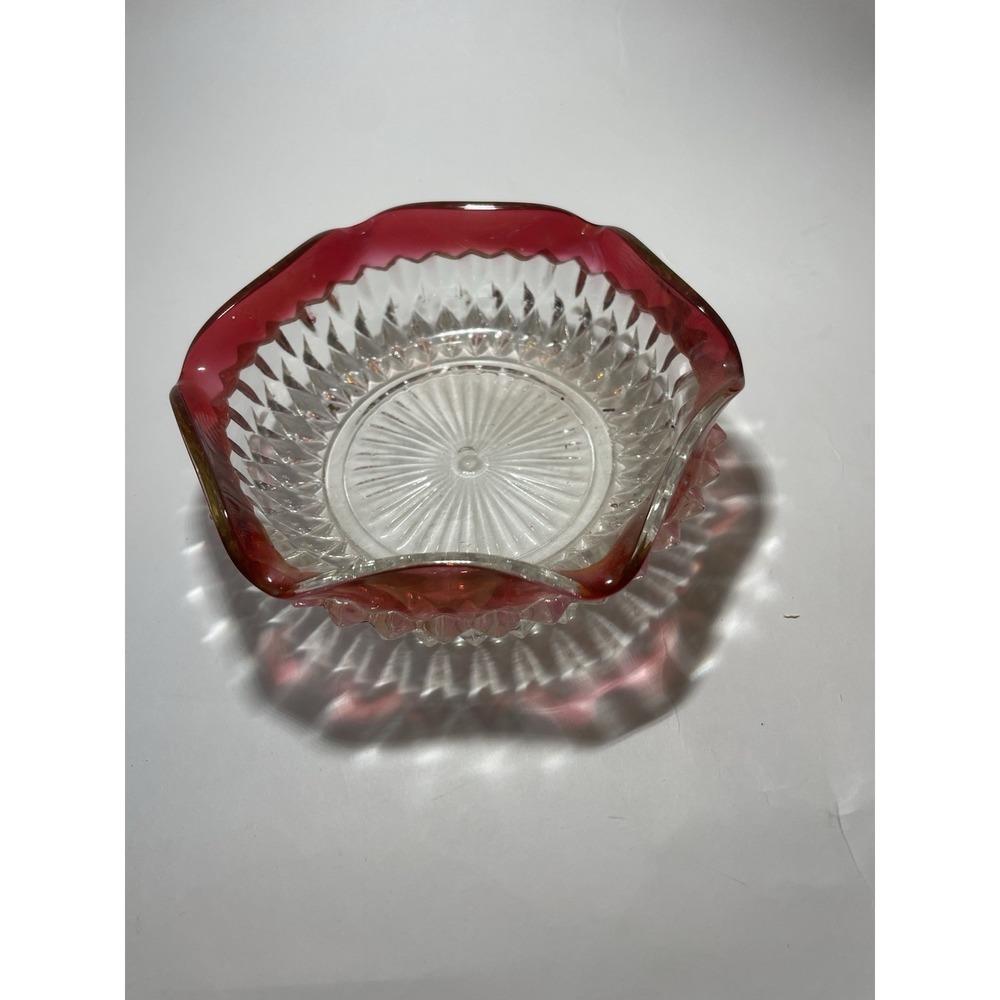 Indiana Glass Vintage Diamond Point Ruby Cranberry Flash Rim Nut Candy Bowl